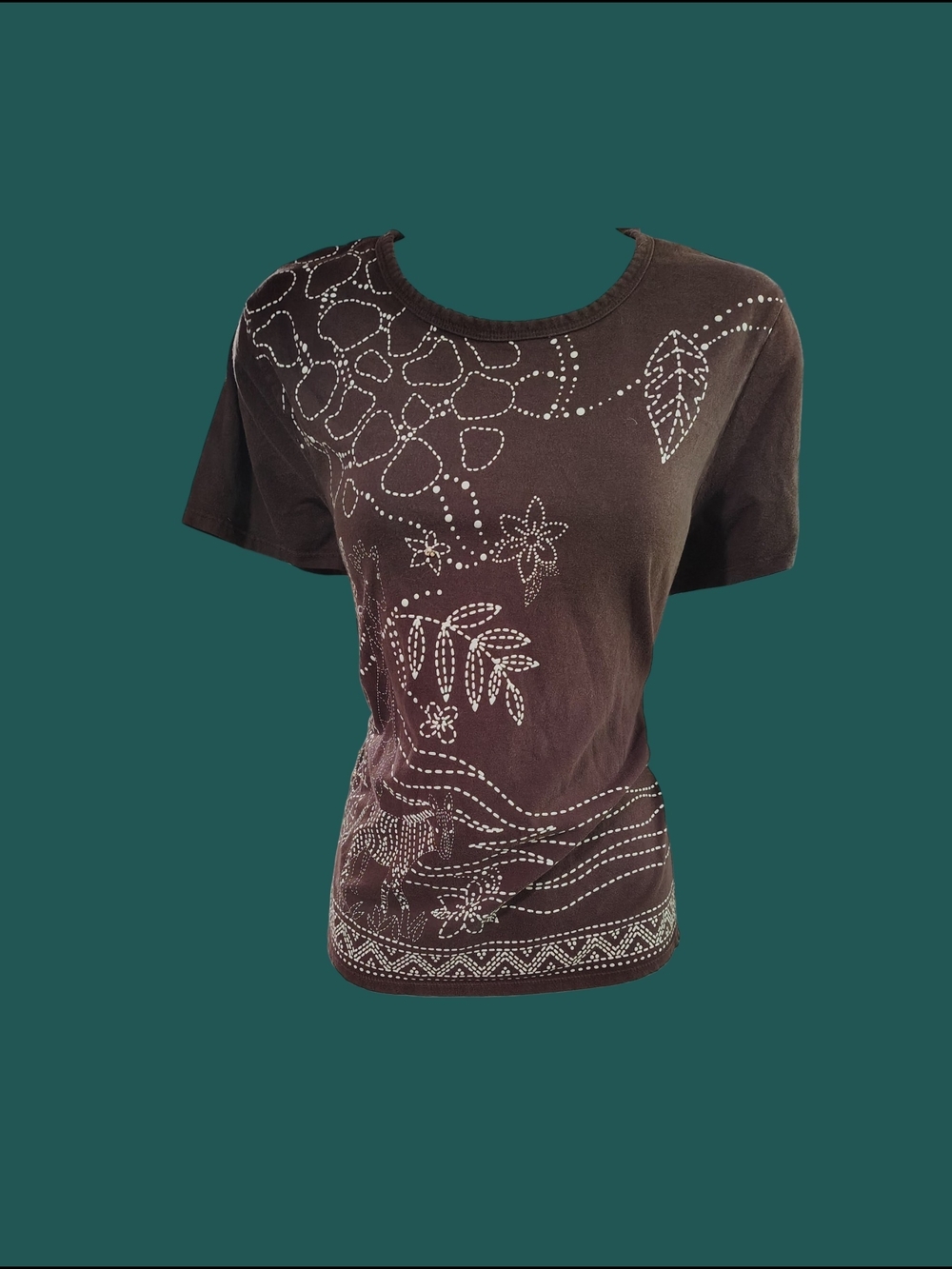 Brown Floral Stitch-Detail Women's Tee